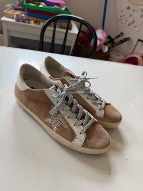 Golden Goose Taupe Suede Sneakers with Silver Crystal Star